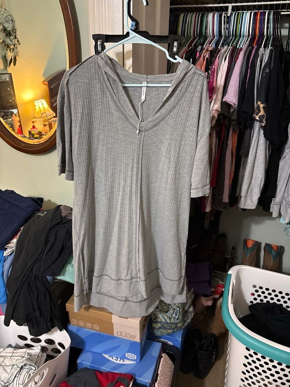 MÜR MÜR Gray Ribbed Knit Short Sleeve Hooded Tunic Dress